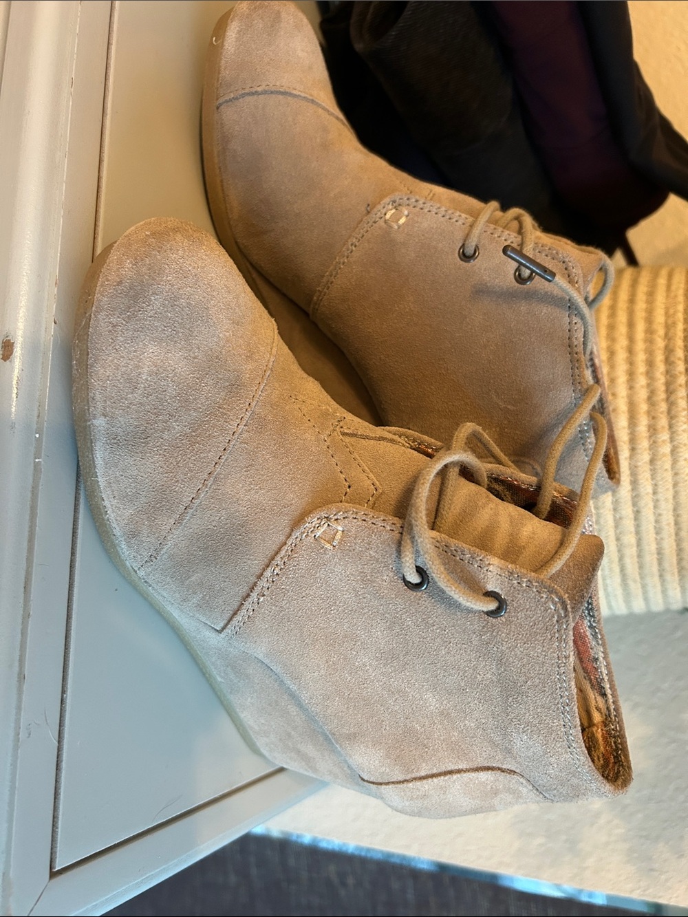 Toms Taupe Suede Lace-Up Wedge Booties
